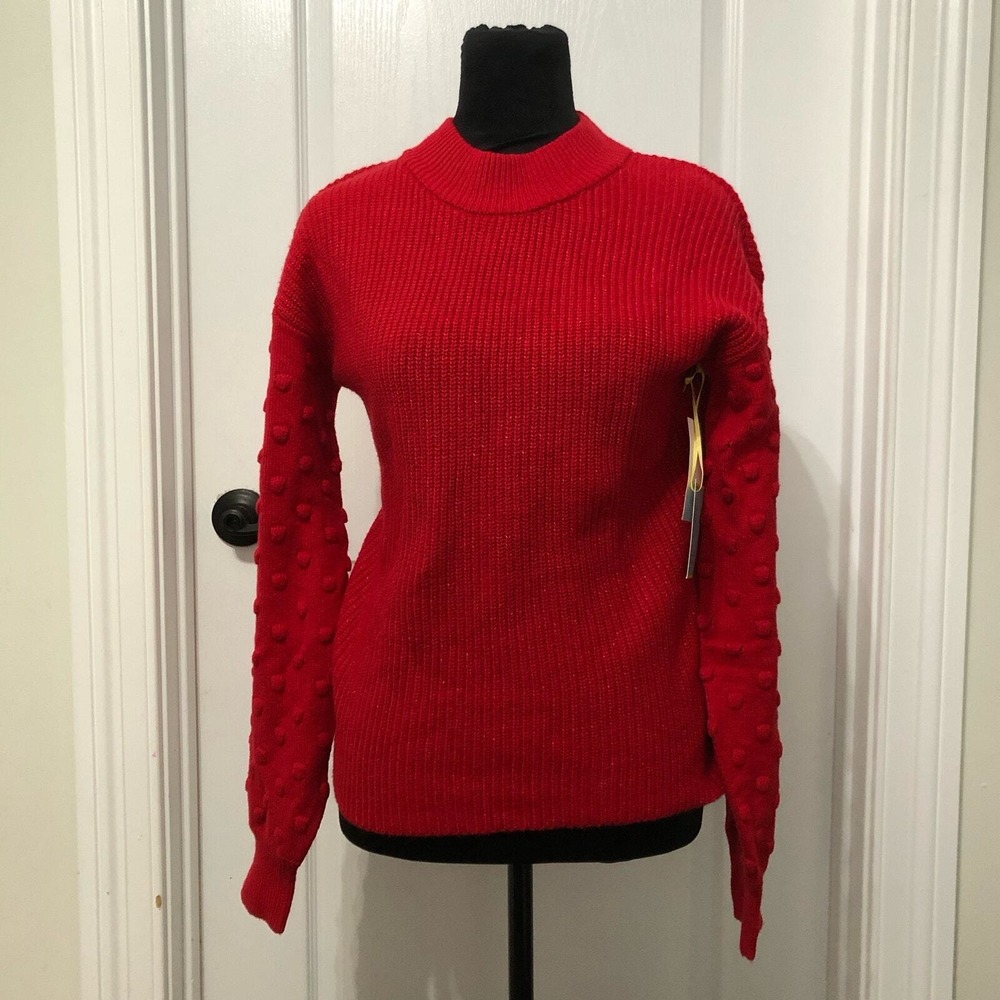 CeCe Red‎ Mock Neck Bobble Pom Pom Sleeve Ribbed Knit Sweater Small NWT
